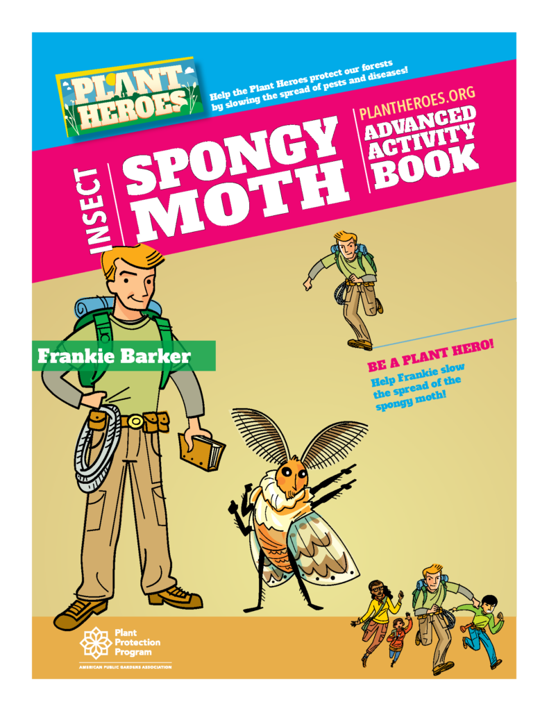 cover of the spongy moth activity book for ages 8 to 10 with colorful illustrations of spongy moth and Feddie