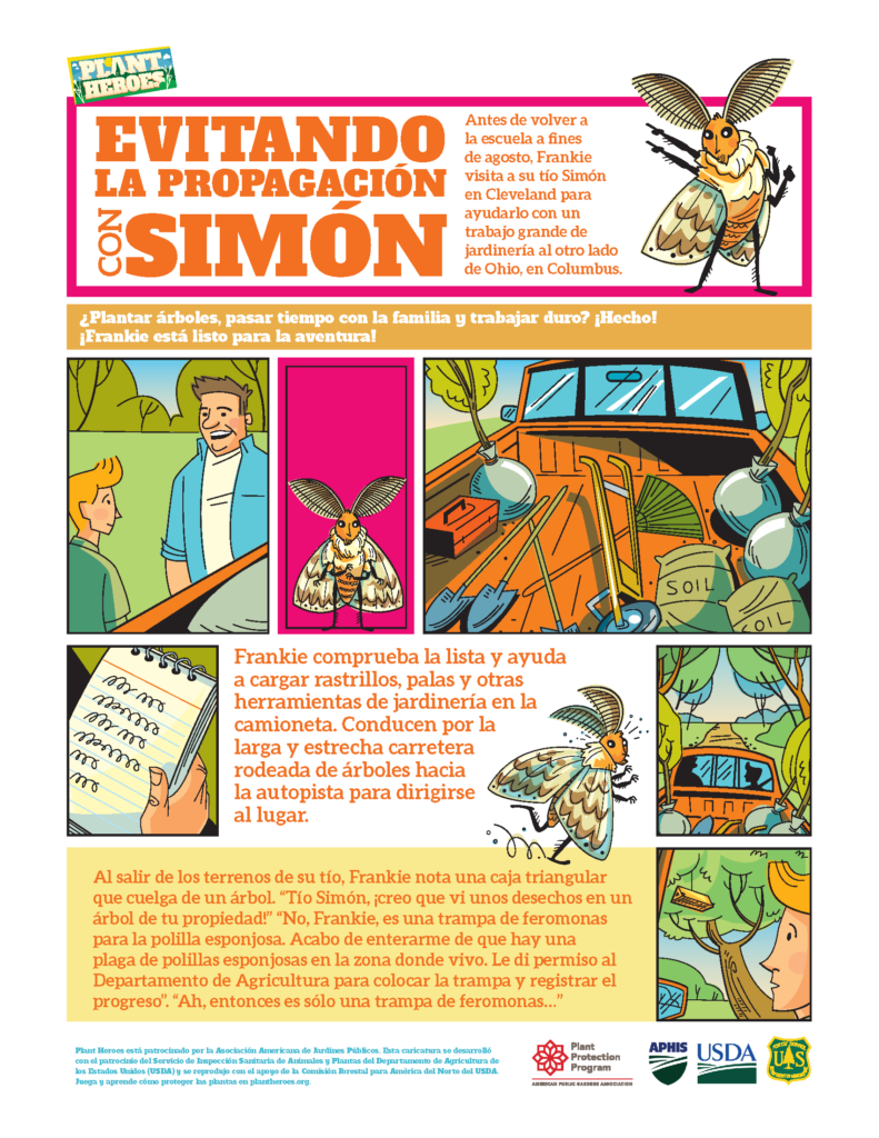 page 1 of the comic about spongy moths in Spanish with text and colorful illustrations