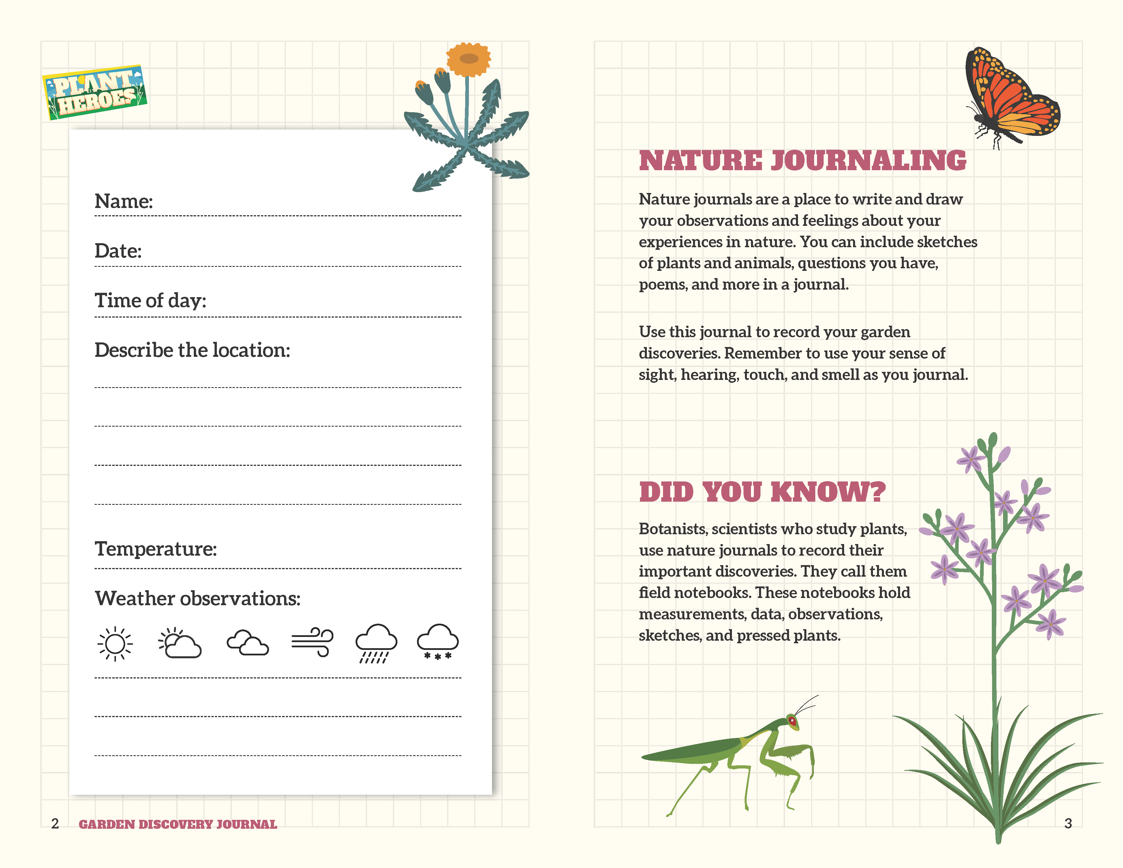 garden discovery journal pages with text about nature journal and decorative images
