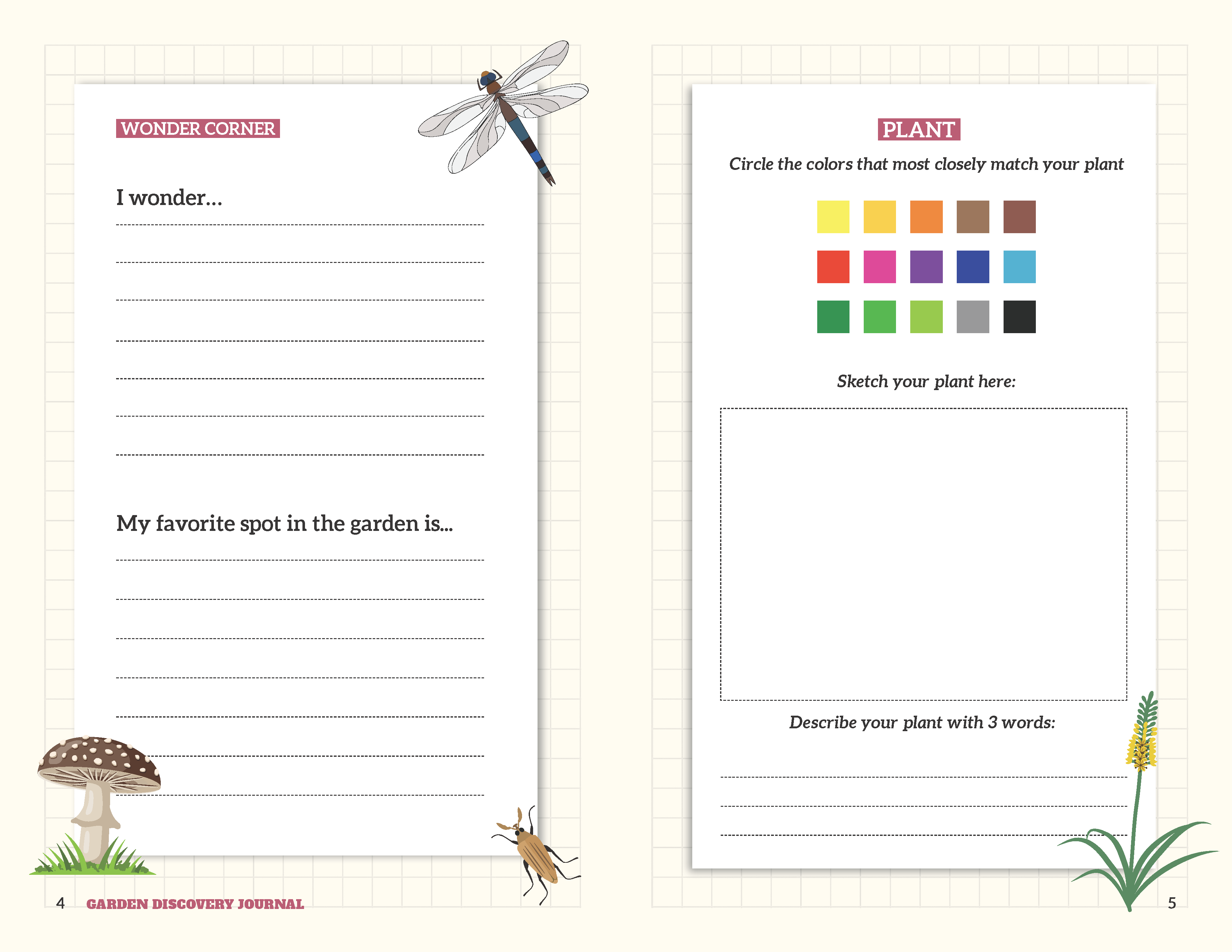 garden discovery journal pages with space for writing and drawing and decorative images