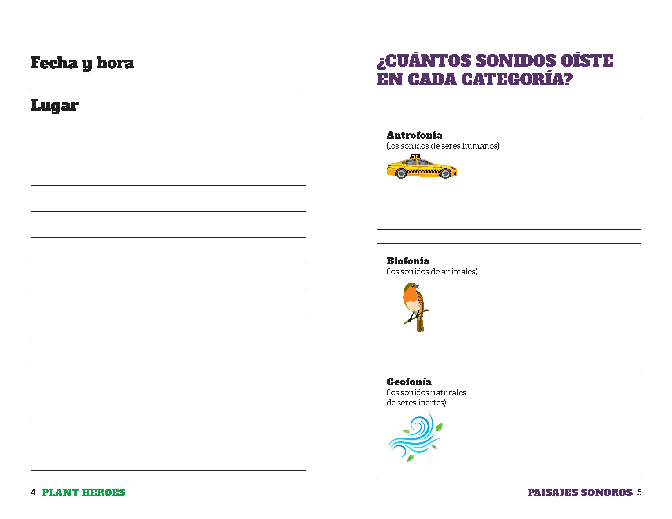 internal pages of the soundscapes journal with images of bird, car, and wind