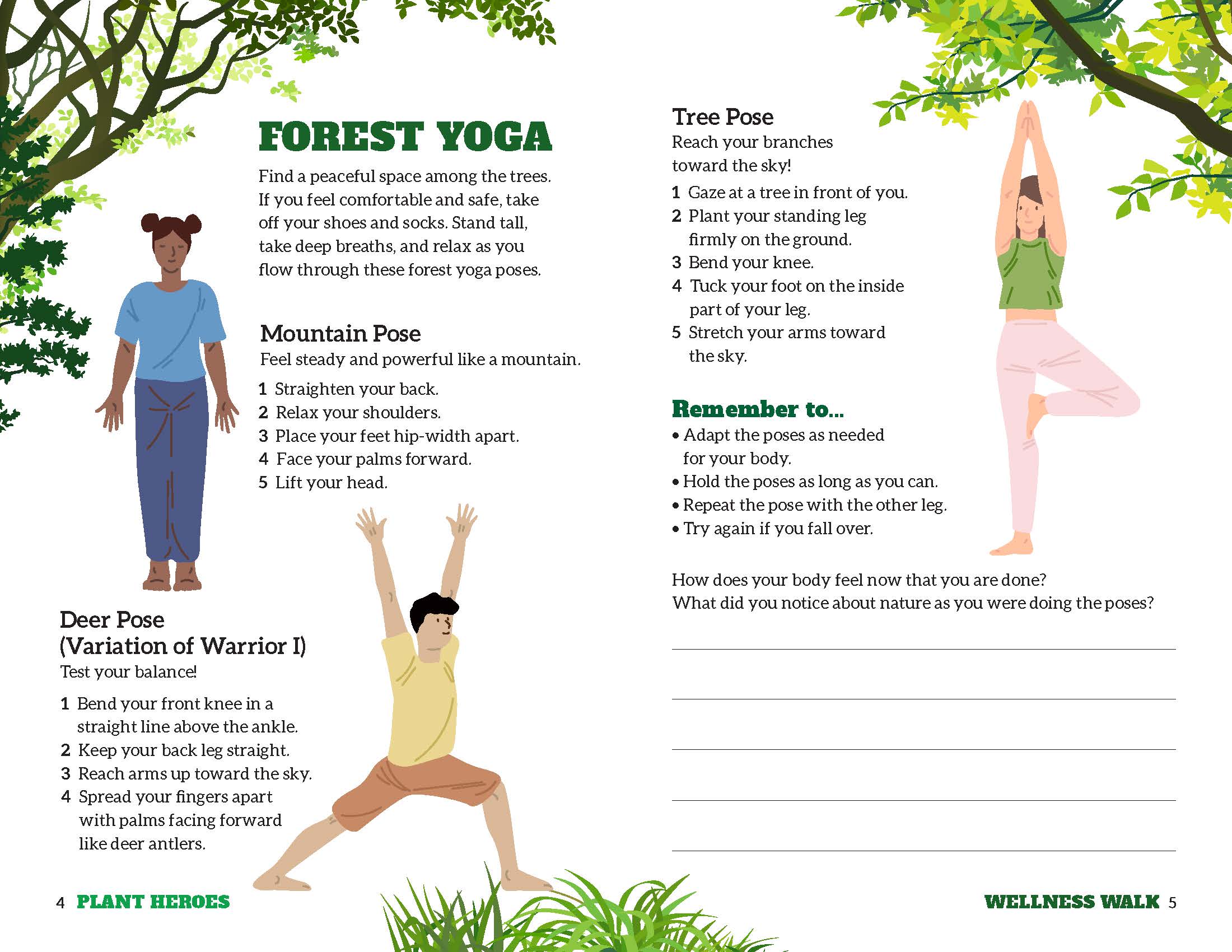 3 figures preforming forest yoga poses