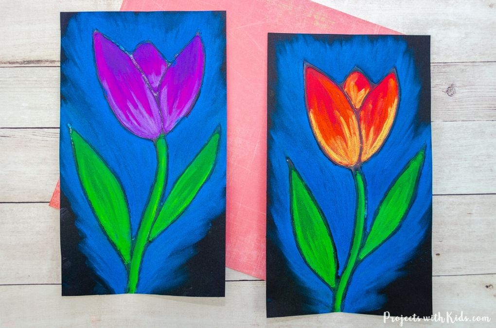 Two botanical art drawings of tulips created with pastel chalk. One tulip is red and the other one is purple.