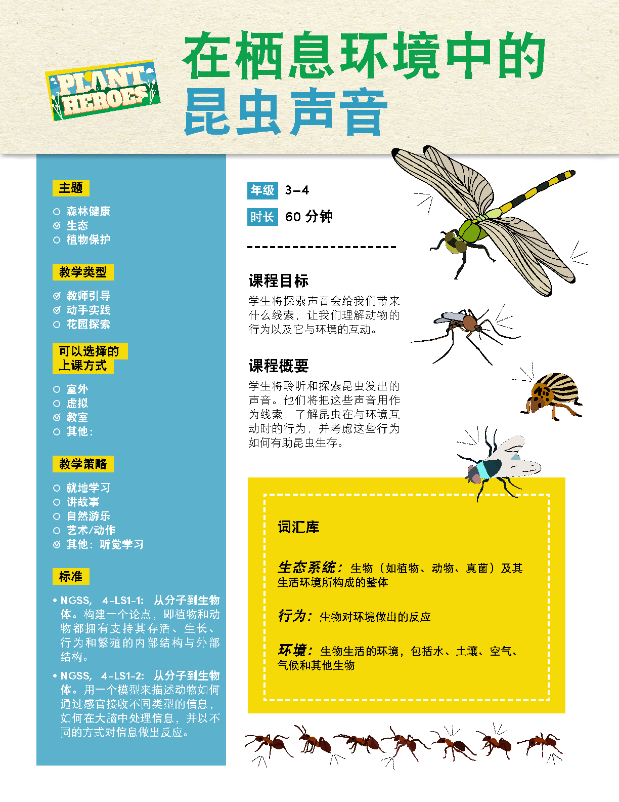 Cover image of the insect sounds lesson plan in Chinese with dragonfly images on the cover