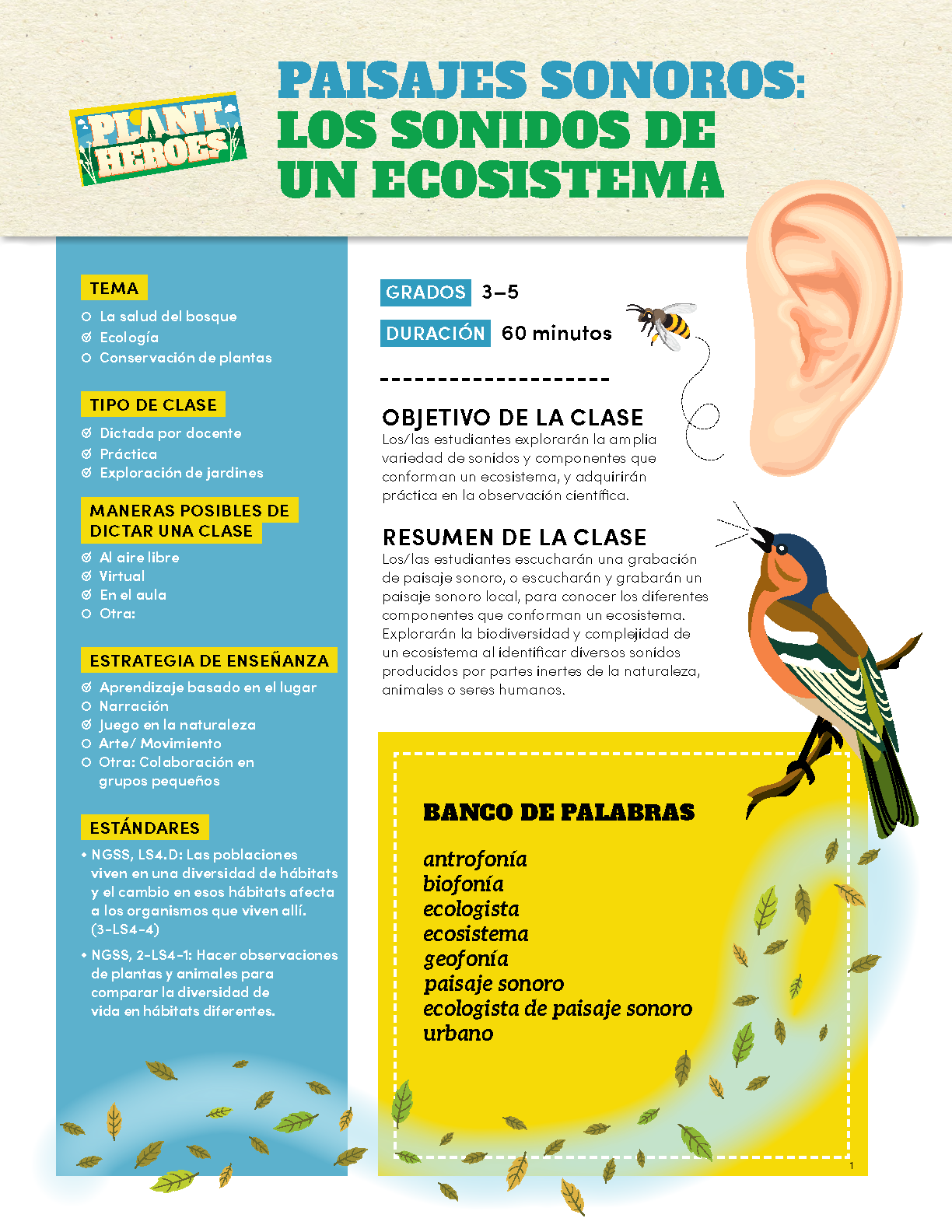 front cover images of the soundscapes lesson plan with an image of an ear, singing bird and wind blowing.